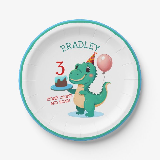T Rex Dinosaur 3rd Birthday Party Paper Plate (Front)