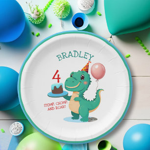 T Rex Dinosaur 4th Birthday Party Paper Plate