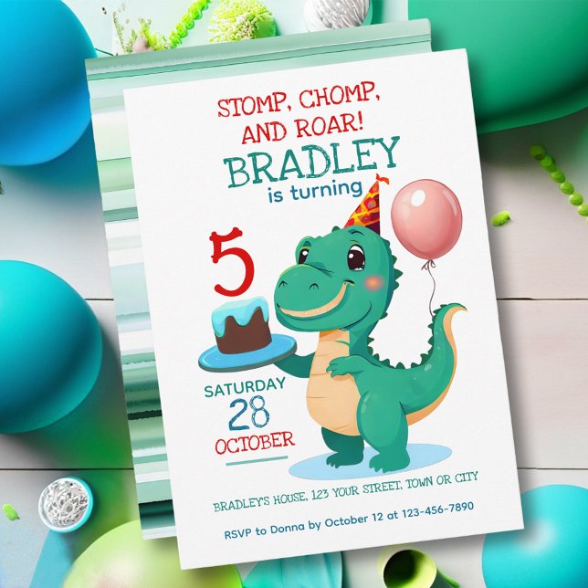 T Rex Dinosaur 5th Birthday Party Invitation (Creator Uploaded)