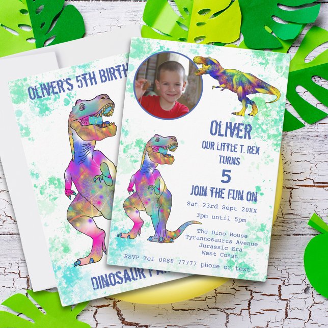 T-Rex Dinosaur 5th Birthday Party Photo  Invitation (Colorful dinosaur 5th birthday party custom invitation with photo template watercolor T-Rex dino art)