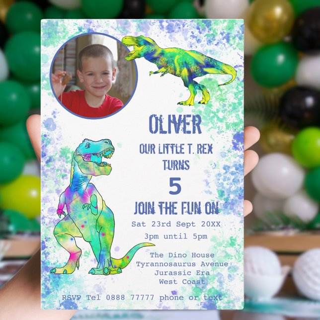 T rex Dinosaur 5th Birthday Photo Green Blue Invitation (T-Rex dinosaur photo colorful watercolor 5th birthday party invitation )