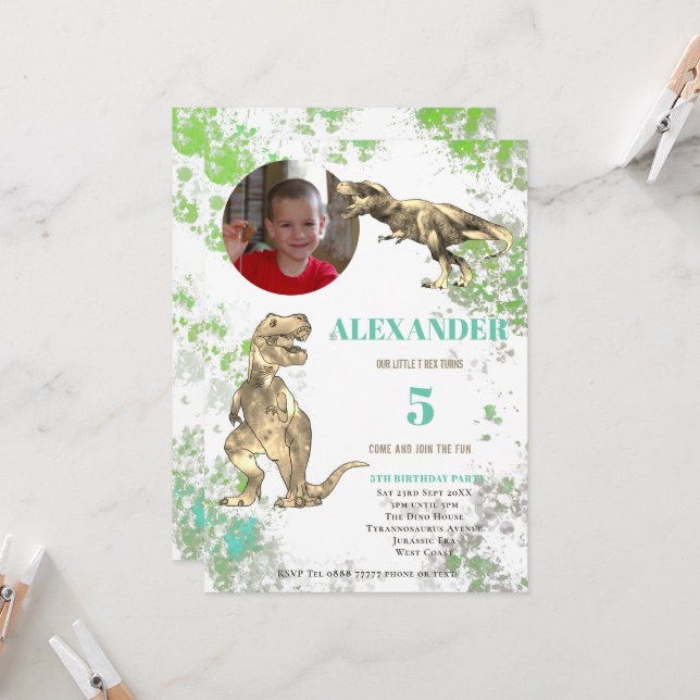 T rex Dinosaur 5th Birthday Photo Invitation (Front/Back In Situ)