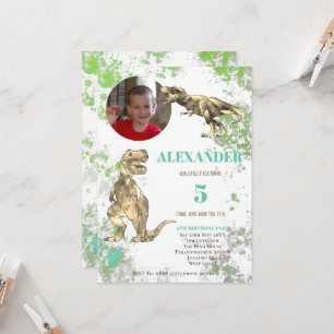 T rex Dinosaur 5th Birthday Photo Invitation