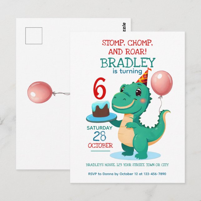 T Rex Dinosaur 6th Birthday Party Invitation Postcard (Front/Back)