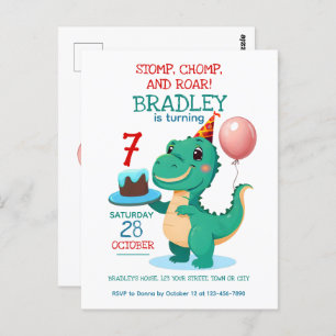 T Rex Dinosaur 7th Birthday Party Invitation Postcard
