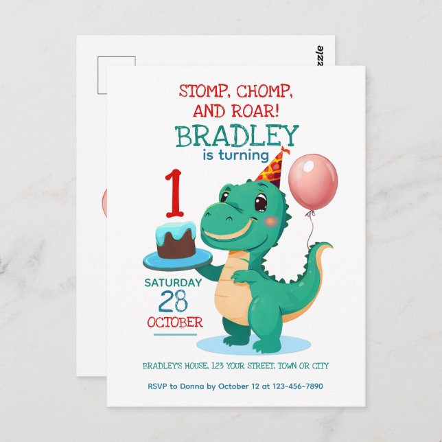 T Rex Dinosaur Add Age Birthday Party Invitation Postcard (Front/Back)