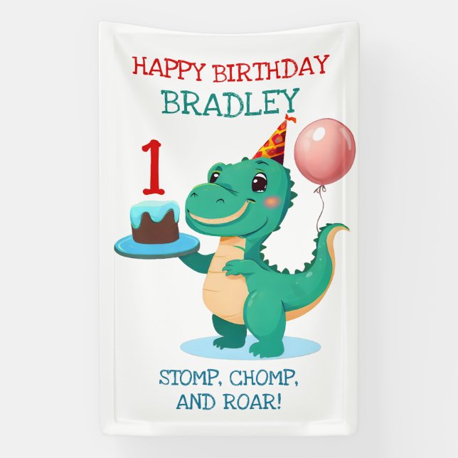T Rex Dinosaur Add Age Happy Birthday Party Banner (Vertical)