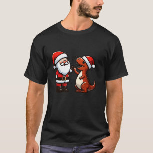 T Rex Dinosaur and Santa Claus High Fiving Christm T-Shirt