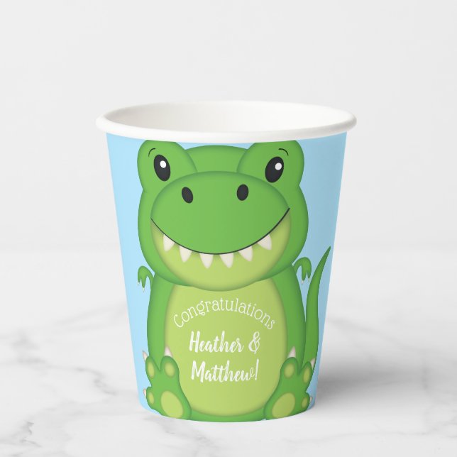 T-Rex Dinosaur Baby Shower Blue Paper Cups (Front)
