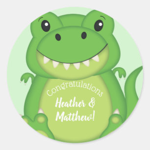 T-Rex Dinosaur Baby Shower Green Classic Round Sticker