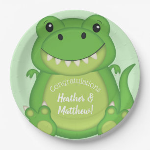 T-Rex Dinosaur Baby Shower Green Paper Plate