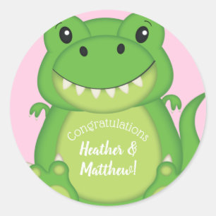 T-Rex Dinosaur Baby Shower Pink Classic Round Sticker