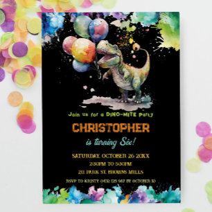 T-Rex Dinosaur Balloons Paint Splash Birthday Invitation