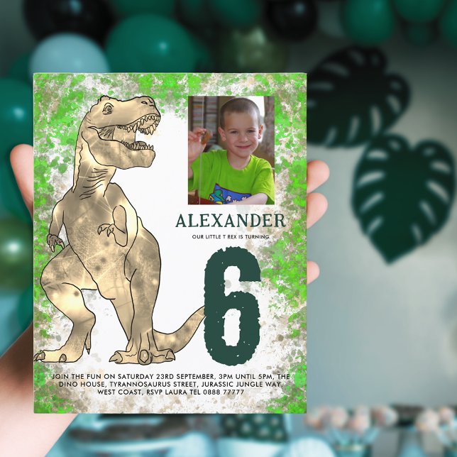 T-Rex Dinosaur Birthday Party Budget (T-Rex dinosaur 6th birthday party budget invitation with photo template and watercolor splash jungle)