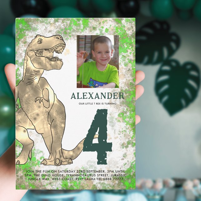 T-Rex Dinosaur Birthday Party Budget Invitation Postcard (Dinosaur 4th birthday party invitation with photo template and scary T-Rex dino watercolor Jungle)