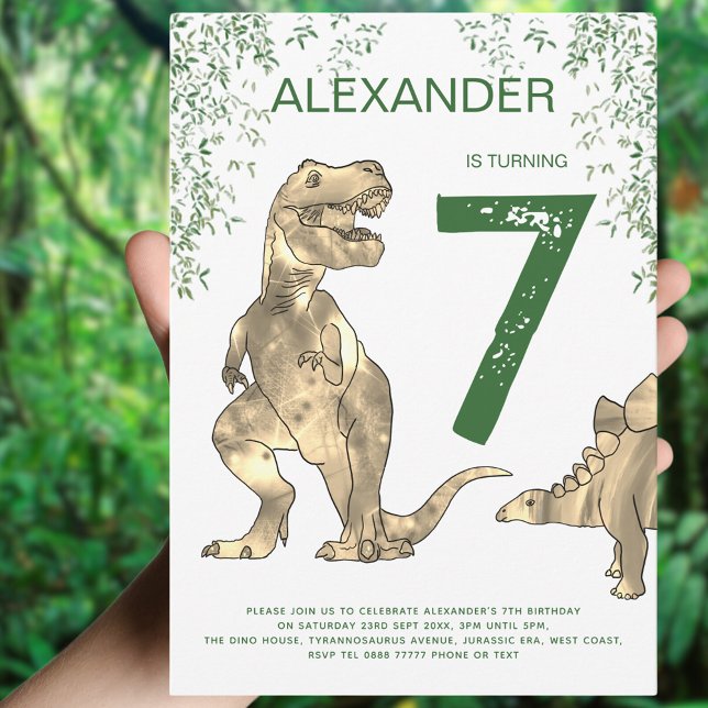 T-Rex Dinosaur Birthday Party Invitation (Dinosaur Jungle boy’s birthday party invitation with T-Rex and stegosaurus with foliage)