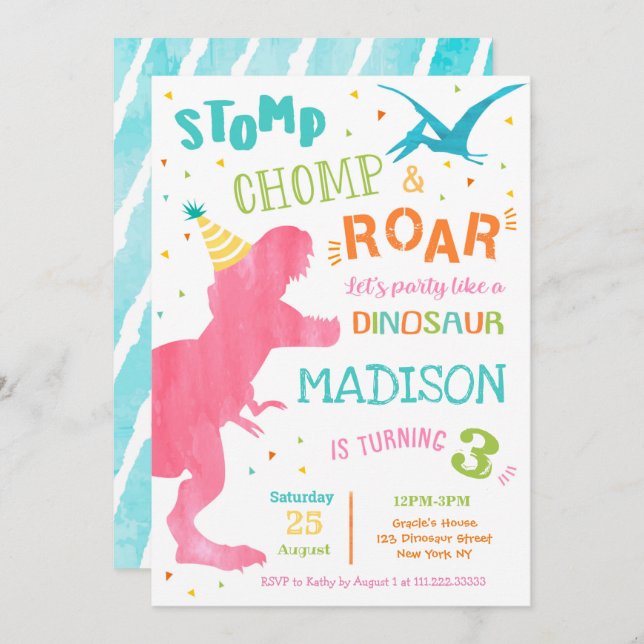 T Rex Dinosaur Birthday Party Invitations for girl (Front/Back)