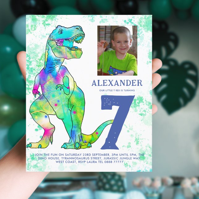 T-Rex Dinosaur Birthday Party Photo Budget (T-Rex dinosaur 7th birthday party budget invitation with photo template & colorful watercolor dino)