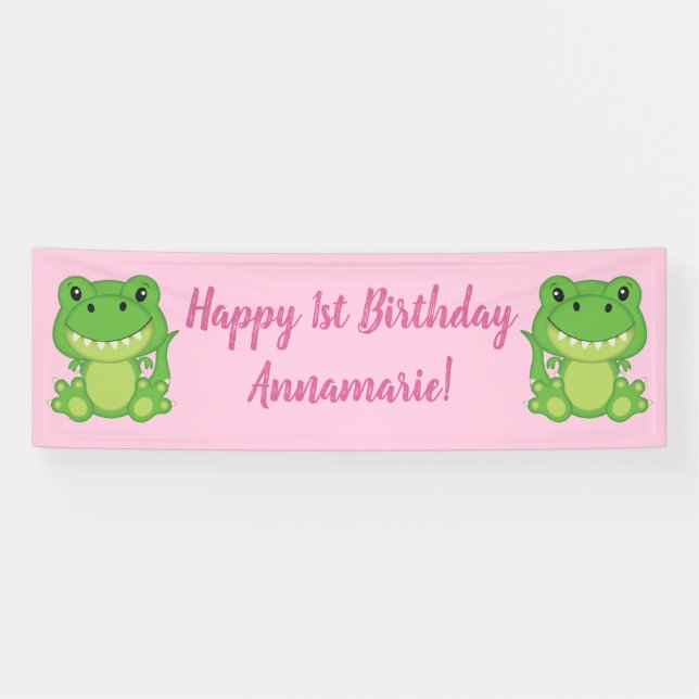 T-Rex Dinosaur Birthday Party Pink Banner (Horizontal)