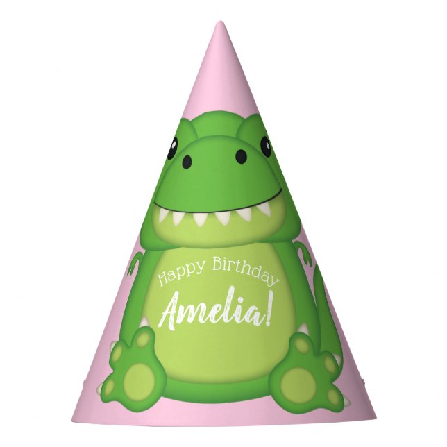 T-Rex Dinosaur Birthday Party Pink Party Hat (Front)