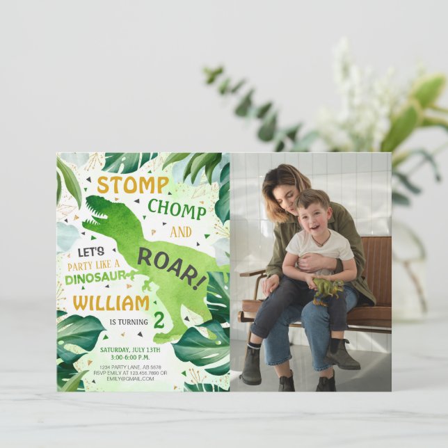 T Rex Dinosaur Boy Birthday Photo Invitation (Standing Front)