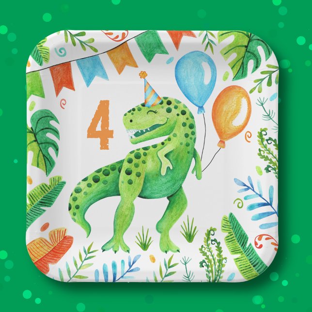T rex Dinosaur Boys Birthday Watercolor Paper Plate (T rex Dinosaur Boys Birthday Watercolor Paper Plates)