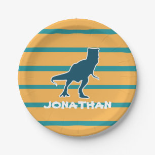 T-rex dinosaur cartoon colorful bday boys name paper plate