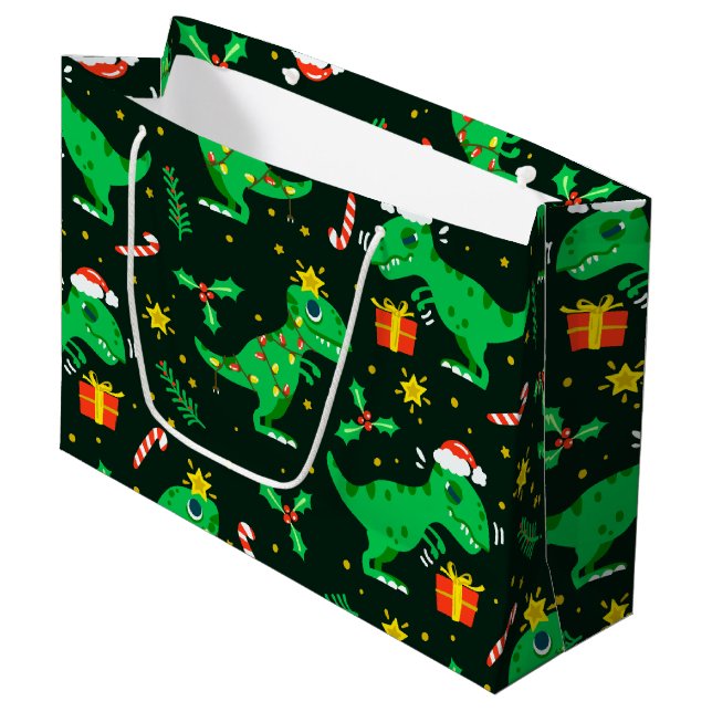 T-Rex Dinosaur Christmas Large Gift Bag (Front Angled)