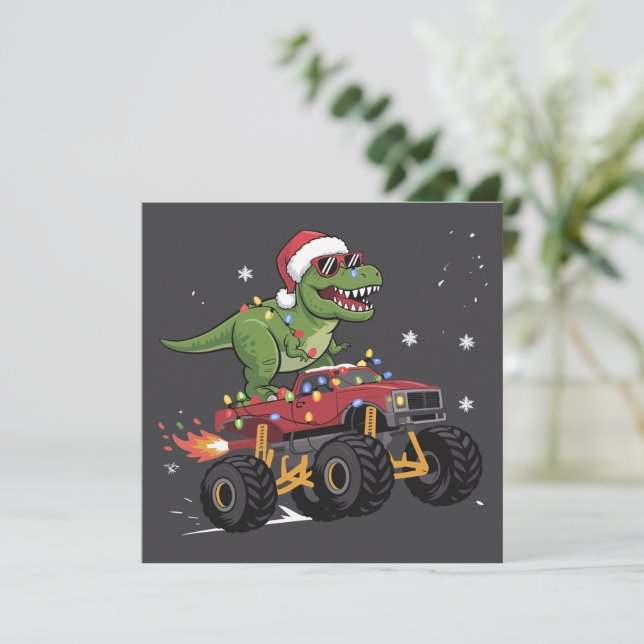 T-Rex Dinosaur Christmas Monster Truck  Holiday Card (Standing Front)