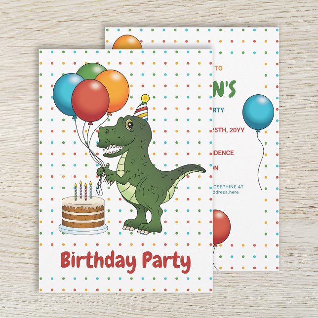 T-rex Dinosaur Colourful Balloons Kid's Birthday Invitation (Creator Uploaded)