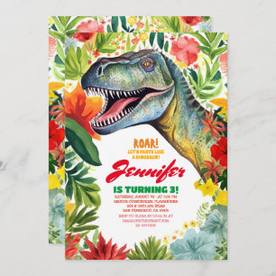 T-Rex Dinosaur Colourful Floral Girl's Birthday Invitation