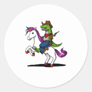 T-Rex Dinosaur Cowboy Riding Magical Unicorn Classic Round Sticker