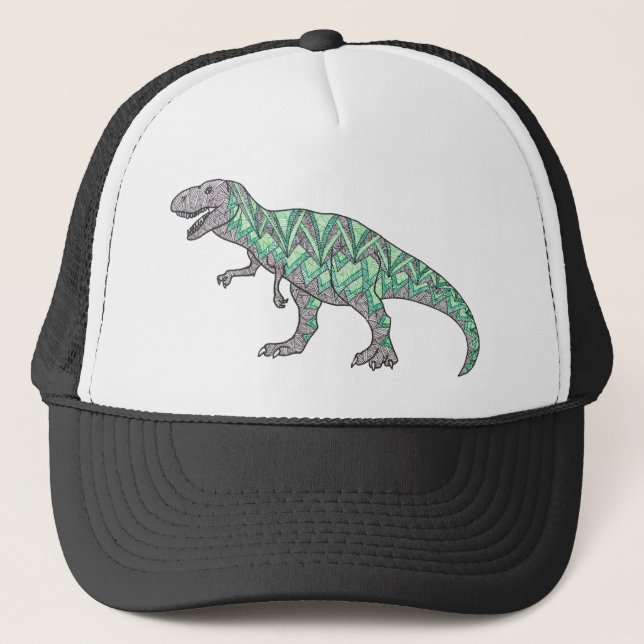 T-Rex Dinosaur Doodle Illustrated Art Trucker Hat (Front)