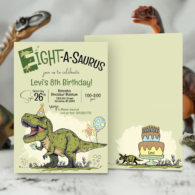 T-Rex Dinosaur Eight-A-Saurus 8th Birthday Party Invitation (Cute Cartoon T-Rex funny Dinosaur Eight-A-Saurus boy seventh kids 8th birthday party invitation)