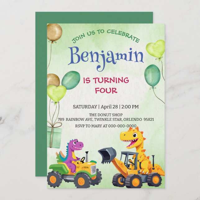 T-rex dinosaur Excavator tractor balloon Birthday (Front/Back)