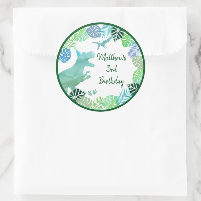 T-Rex Dinosaur Greenery Birthday Classic Round Sticker (Bag)