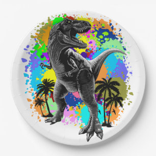 T-Rex Dinosaur Jurassic Reptile on Paint Stains Paper Plate