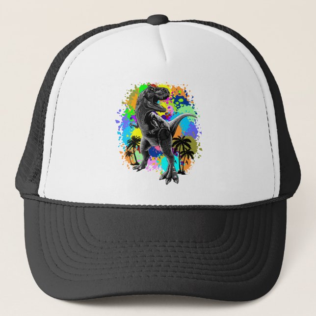 T-Rex Dinosaur Jurassic Reptile on Paint Stains Trucker Hat (Front)