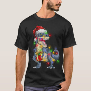 T Rex Dinosaur Merry Christmas Lights Santa Hat T-Shirt