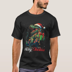 T Rex Dinosaur Merry Christmas Lights Santa Hat Xm T-Shirt
