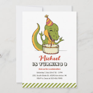 T-Rex Dinosaur One Year Cake Kids Birthday Invitation