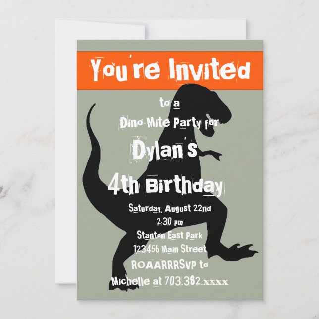 T Rex Dinosaur Orange Birthday Party Invitation (Front)