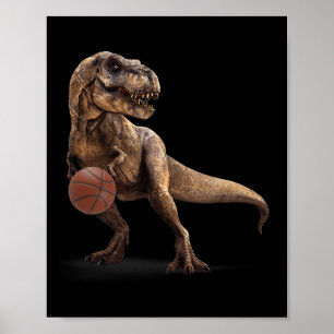 T Rex Dinosaur Playing Sketll Funny Dinosaur Hoops Poster