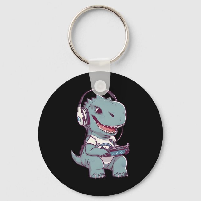 T. Rex-dinosaur Playing Video Game Gaming Gamer Pl Key Ring (Front)