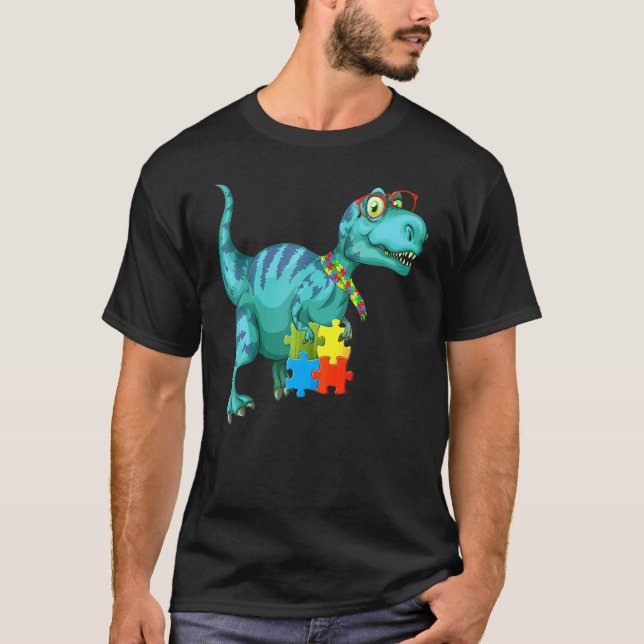 T Rex Dinosaur Puzzle Piece Autism Awareness T-Shirt (Front)