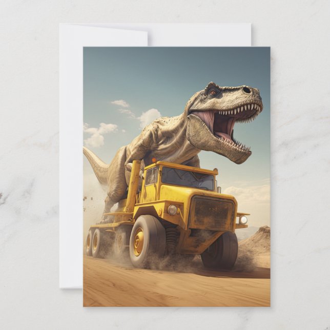 T-Rex Dinosaur Riding a Dump Truck Birthday Party Invitation (Front)