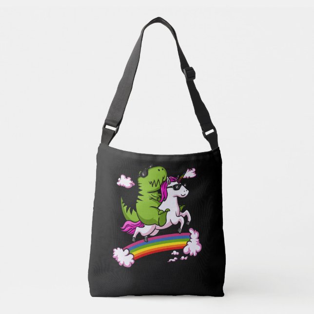T-Rex Dinosaur Riding Magical Unicorn Rainbow Crossbody Bag (Front)
