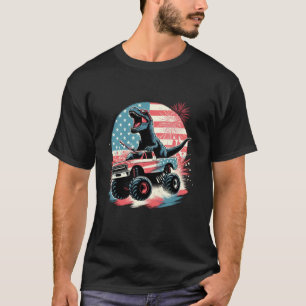 T Rex Dinosaur Riding Monster Truck Car USA Flag 4 T-Shirt