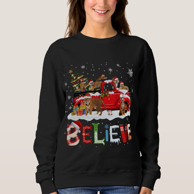 T-rex Dinosaur Riding Red Truck Merry Christmas X- Sweatshirt (Front)