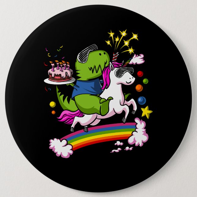 T-Rex Dinosaur Riding Unicorn Birthday Party 6 Cm Round Badge (Front)